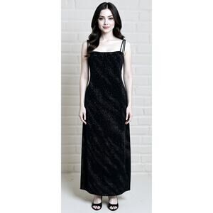 Vintage Black Velvet Sparkly Long Event Cocktail Dress 10 Whimsigoth Dark Fairy